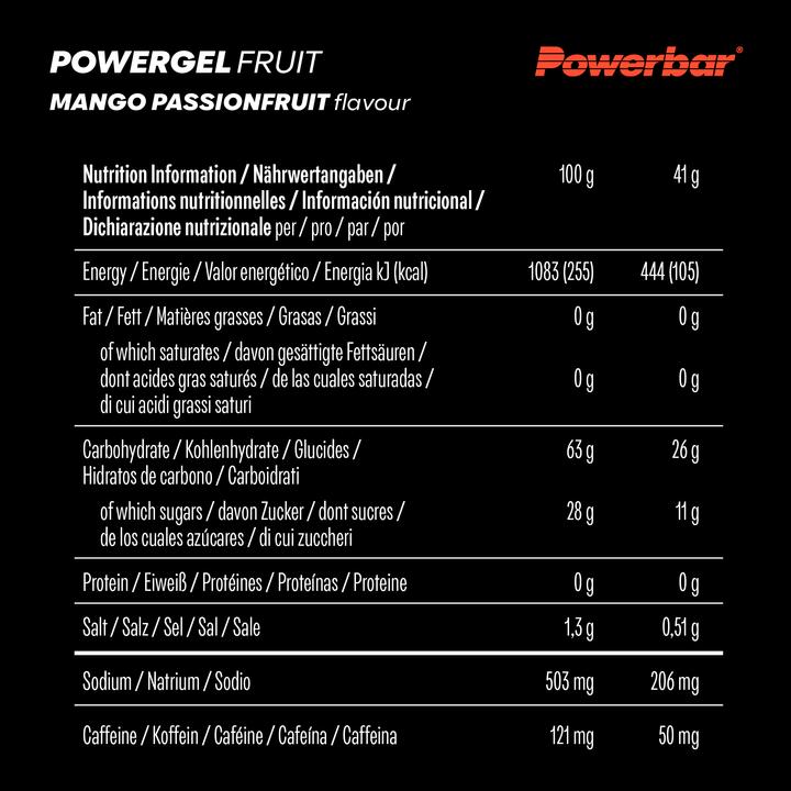 Nutritional values and ingredients Powerbar PowerGel Fruit (Mango, Passion fruit, Caffeine, 24 pcs., 984 g)