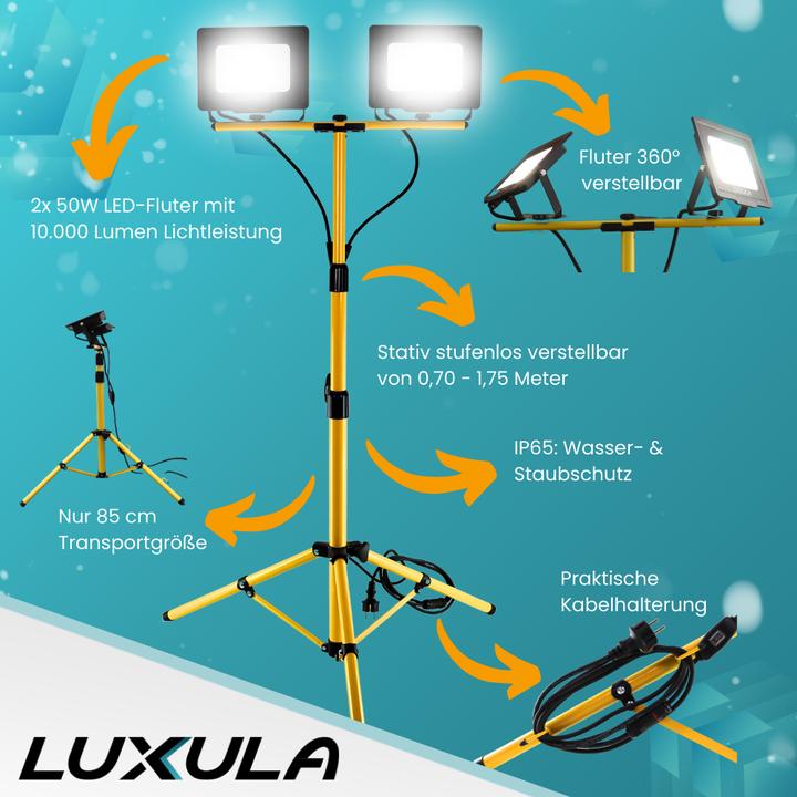 Image du produit Luxula Projecteur de chantier à LED avec trépied (10000 lm, IP65)