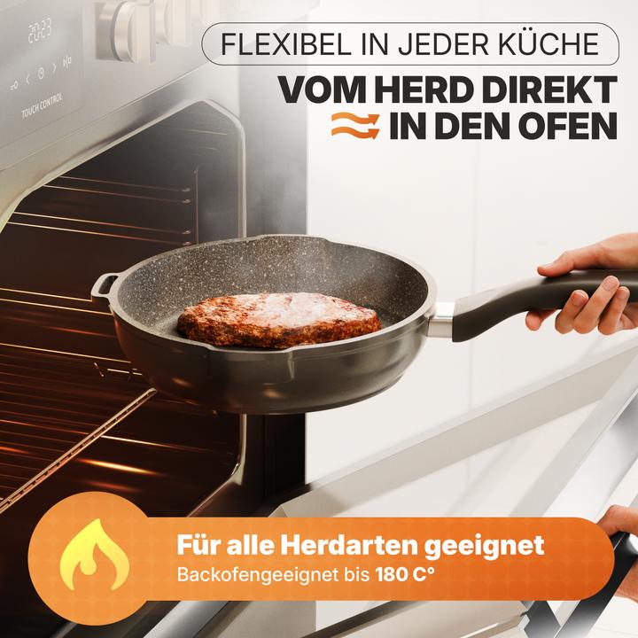 Produktbild Stoneline Future Topfset 8 teilig mit Sieb Deckeln, beschichtete Töpfe, Pfannen Induktion geeignet (24 cm, Kochtopf, Bratpfanne, Stielkasserolle, Bräter + Schmortopf, Aluminiumguss)