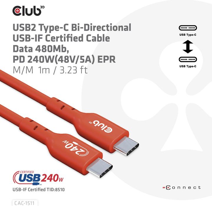Actual product image Club 3D Club3D Cable USB 2 Type C PD 240W / 480Mb 4m St/St retail (4 m, USB 2.0)
