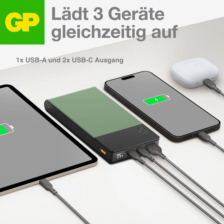 Actual product image GP Batteries GP PowerBank M2+ 10C 10000mAh 2xUSB-C/1xUSB-A green LED display (10000 mAh, 22.50 W, 37 Wh)