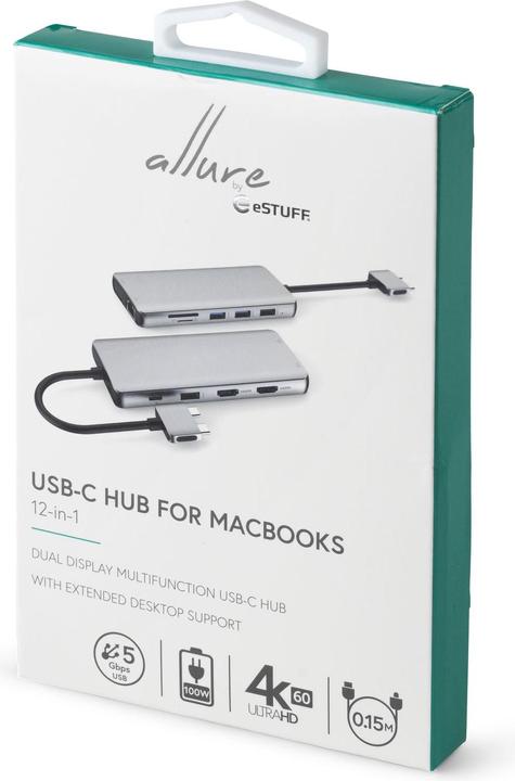 Produktbild eSTUFF USB-C Dual USB-C Dock USB 3.2 Gen 1 (3.1 Gen 1) Type-C Aluminium, Metallisch (USB-C, 12 Ports)