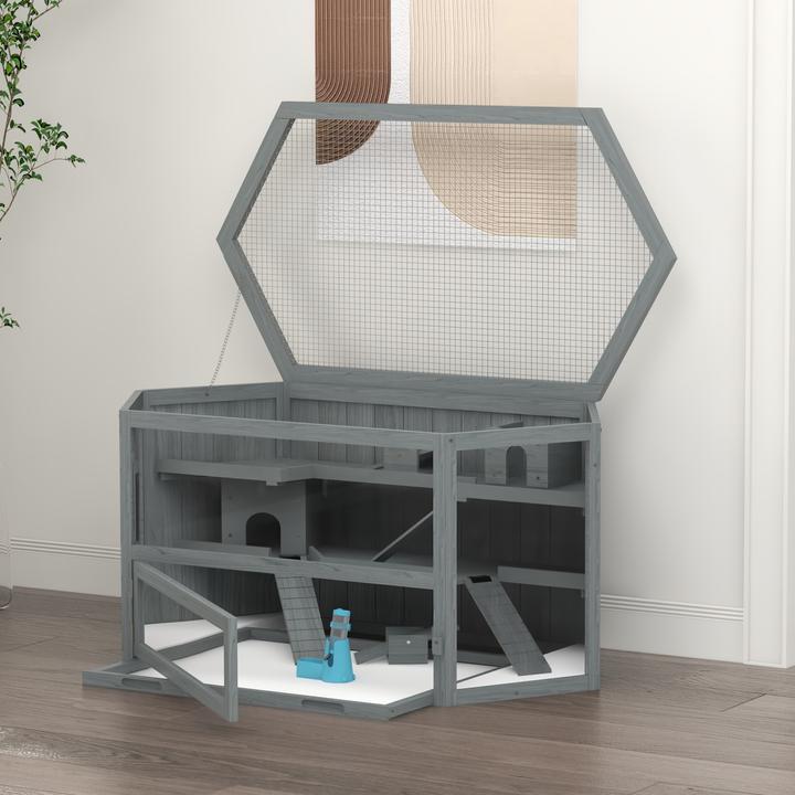 Produktbild PawHut Hamsterkäfig Tannenholz, PS-Plexiglas Grau