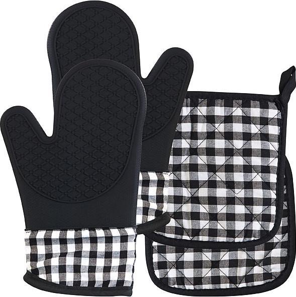 Produktbild Rosenstein & Söhne 4er-Set Silikon-Ofenhandschuhe und Topflappen (Füllung: 100 % Polyester, 100 % Baumwolle mit Silikon-Grifffläche)
