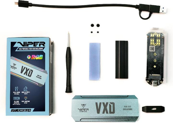 Actual product image Patriot ext storage enclosure for NVMe SSD USB 3.2 RGB (M.2 2242, M.2 2230, M.2 2280, M.2 2260)