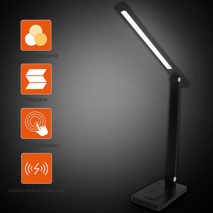 Actual product image Lasmex LED desk Lamp 10W, 3000/4500/6000K, induction charging, touch control, dimmer, black, LTC