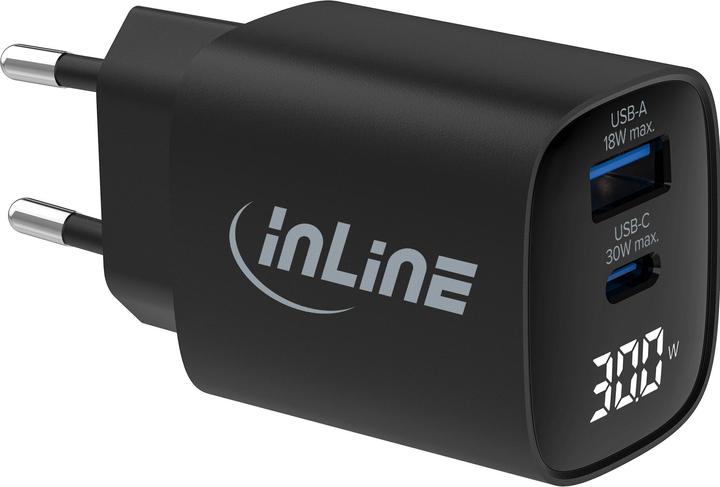 Produktbild InLine USB PD Netzteil, GaN Ladegerät, 2-Port, USB-C + USB-A, 30W, mit Display, schwarz (30 W)