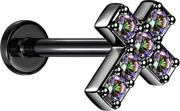 Produktbild Star Piercing Micro Labret Innengewinde schwarz Kreuz mit Kristall dunkel multicolor (ohne Messing, Chirurgenstahl 316L)