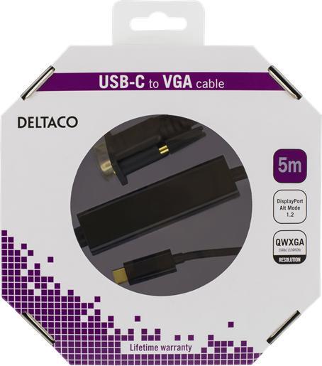 Actual product image Deltaco USBC-1089-K video cable adapter USB Type-C VGA (D-Sub) Black (VGA, USB-C, 500 cm)