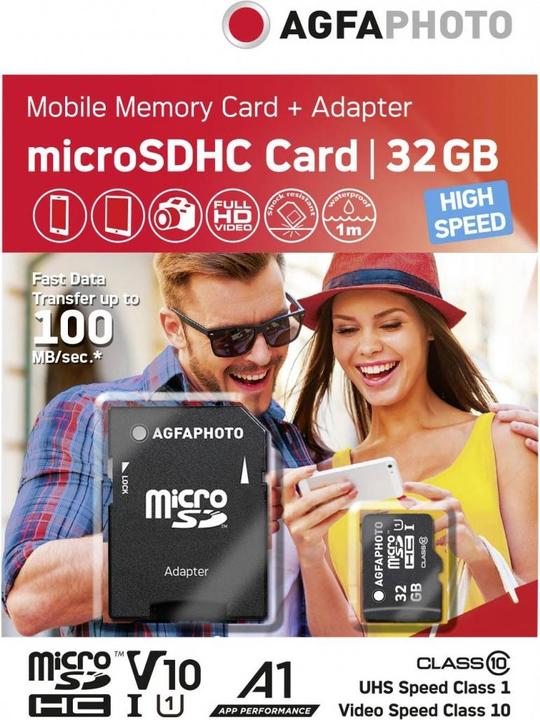 Image du produit AGFAPHOTO MicroSDHC UHS-I 32 Go haute vitesse classe 10 U1 + adaptateur (32 Go, microSDHC, U1, UHS-I)