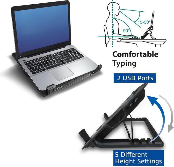 Immagine prodotto Supporto di raffreddamento per laptop, fino a 17", altezza regolabile (5 posizioni), hub a 2 porte