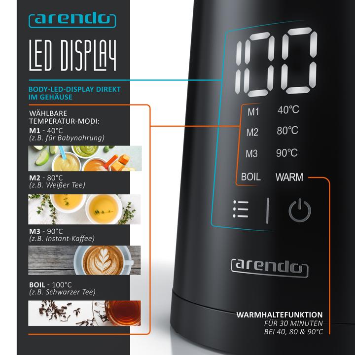 Produktbild Arendo Wasserkocher 1,5 l, 2200 W, Edelstahl, Display, Warmhaltefunktion, Temperatureinstellung 40° - 100° (1.50 l)