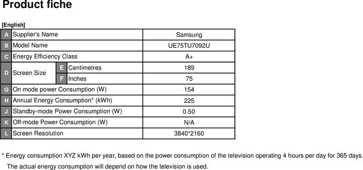 Nutritional values and ingredients Samsung UE75TU7092U (75", LED, 4K, 2020)