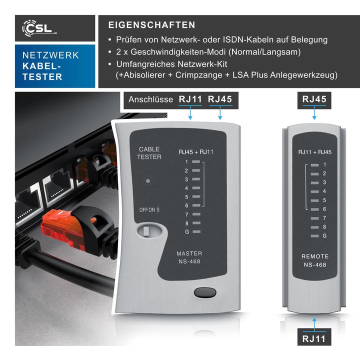 Produktbild CSL Netzwerk Kabeltester für RJ45 & RJ11-Kabel - Patchkabel Leitungstester - LAN Network Cable Tester