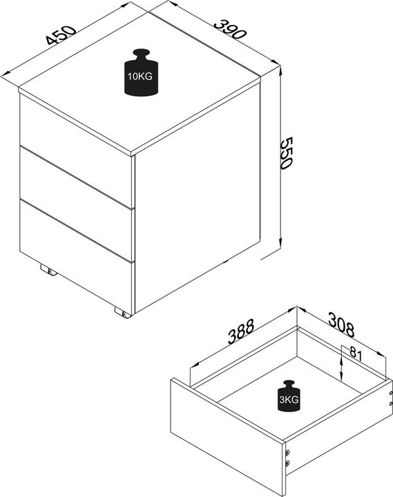 Actual product image VCM Mobile pedestal Office pedestal Castors rollable Dasola 3 drawer (39 x 45 x 55 cm)