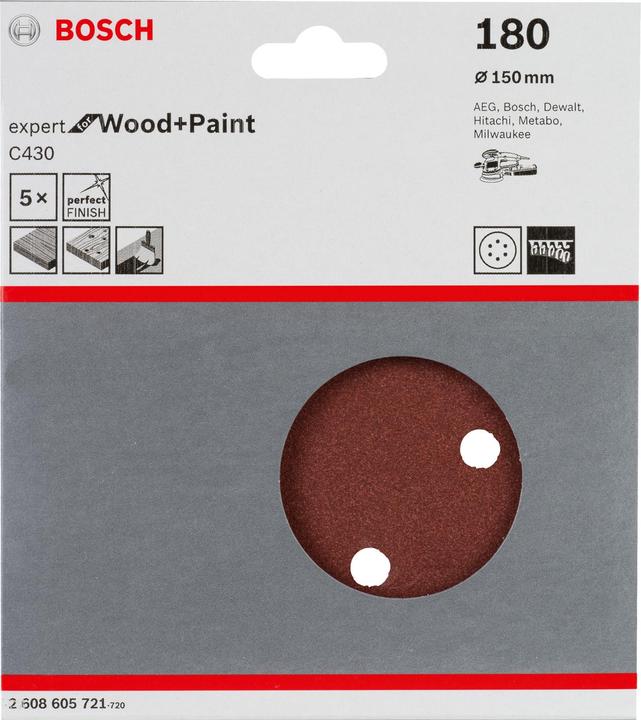 Produktbild Bosch Professional Zubehör Schleifblatt C430, 150 mm, 180, 6 Löcher, Klett, 5er-Pack (180)
