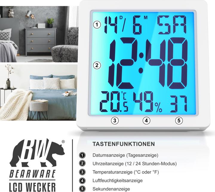 Immagine prodotto Bearware Wecker digital für zuhause & unterwegs, Licht, Temperatur Luftfeuchtigkeit, Datum, Schlummerfunktion