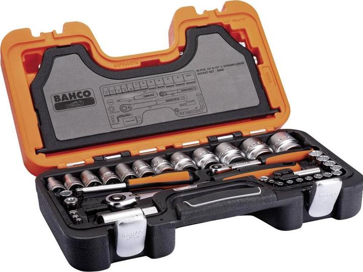 Produktbild Bahco 1/4"- und 1/2"-Steckschlüssel-Satz, metrisch, Doppelsechskant, inklusive Umschaltknarre mit schla (1/2")