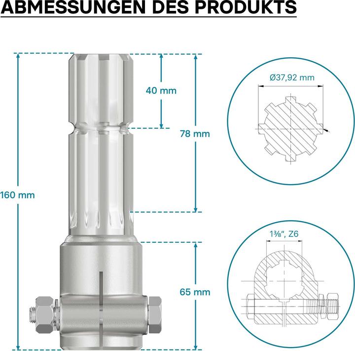 Produktbild Wiltec Zapfwelle 160mm Buchse Keilwellenaufnahme 1 3/8" Z6 für Ausgangswelle 8-32x38x6 (Gartenmaschinen Ersatzteile)