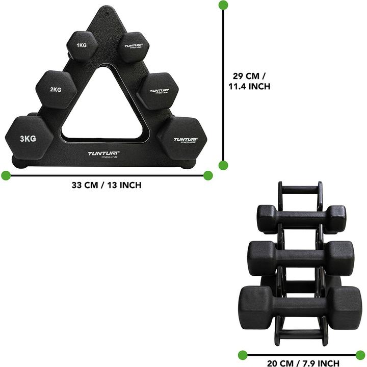 Actual product image Tunturi Neopren Kurzhantelset mit Ständer (2 x 1 kg, 2 x 2 kg, 2 x 3 kg)