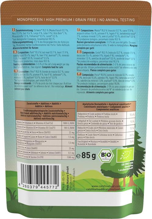 Actual product image Catz Finefood Organic No.509 Pork (Adult, 1 pcs., 90 g)