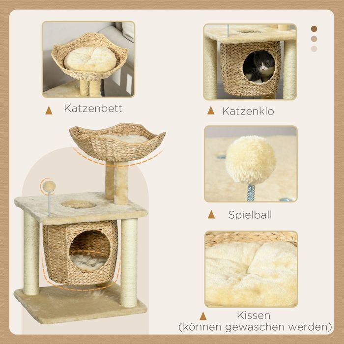 Immagine prodotto Swisshandel24 Tiragraffi piccolo, 74 cm con grotta per gatti, palla da gioco, con letto, fino a 5 kg, beige (74 cm, Beige)