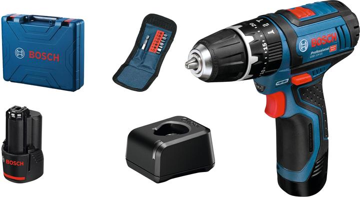 2 batterie da 12 V 2 Ah, 1x custodia, Caricabatterie 1x, 1x trapano a percussione a batteria GSB 12V-15, 1x set di bit