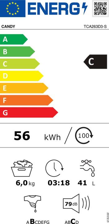 Etichetta energetica Candy TCA263D3-S Lavatrice a carica dall'alto 6Kg (6 kg, Verso il basso)