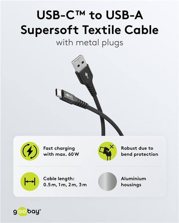 Actual product image Goobay USB-C Supersoft textile cable with metal plugs, 2 m, black (2 m, USB 2.0)