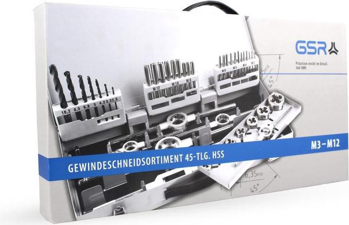 Produktbild GSR 45 tlg HSS DIN Gewindeschneidsortiment M3-M12 mit HSS- Kernlochspiralbohrern und Haltewerkzeuge