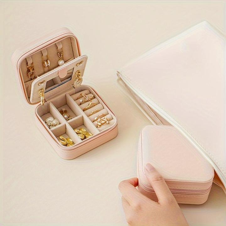 Immagine prodotto Only-Bags.Store 1 Stück Mini-Reise-Schmuck-Organizer im klassischen Stil mit Spiegel, 3-lagiger Aufbewahrungskoffer