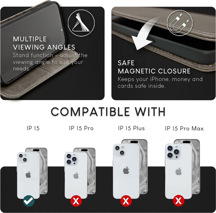 Actual product image Nalia Genuine leather flip case cover with magnetic fastener (Apple iPhone 15)