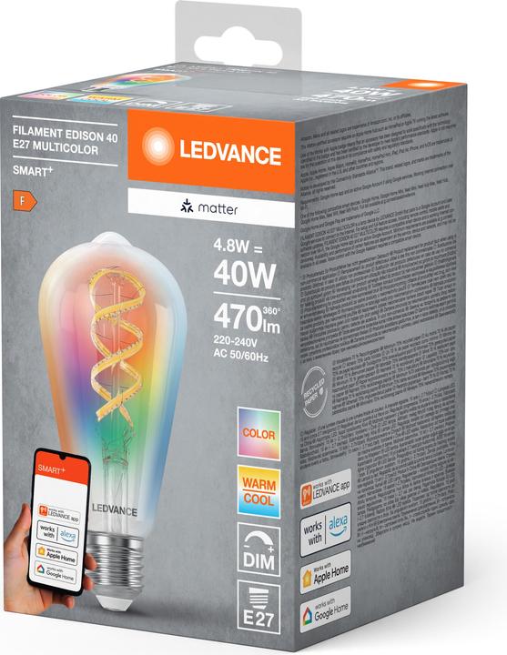 Produktbild Ledvance SMART+ MATTER FILAMENT EDISON MULTICOLOR 4.8W 827...865 Multicolor E27 (E27, 4.80 W, 470 lm, 1 x, F)