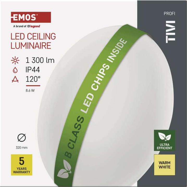 Actual product image Emos LED ceiling light TIVI, A CLASS, round white 8.6W, IP44, warm white (1300 lm)