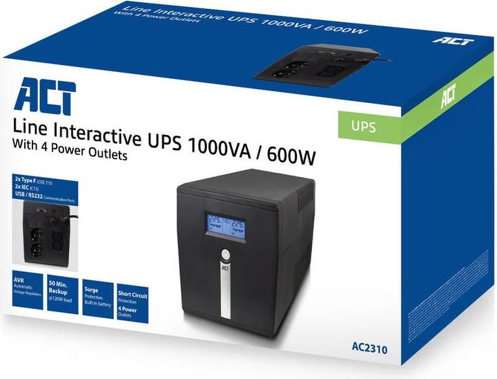 Image du produit UPS, 1000VA, 2x IEC C13, 2x type F female, 1x USB, 1x RS232 (1000 VA, 600 W, Line-interactive Onduleur)