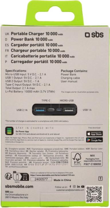 Energy Label SBS Power Bank (10000 mAh, 5 W, 37 Wh)