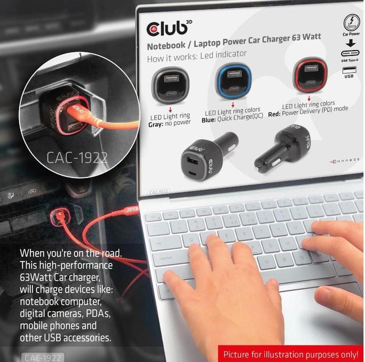 Actual product image Club 3D Club3D USB Car Charger 1xUSB C, 1xUSB A, 63W, 12/24V retail