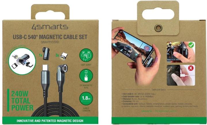 Actual product image 4smarts USB-C 540° Magnetkabel-Set GravityCord (1.80 m, USB 2.0, 240 W)