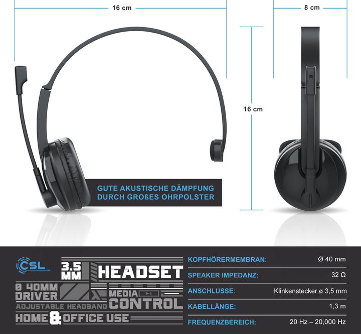Produktbild CSL Mono-Headset On-Ear mit Mikrofon, PC-Bürokopfhörer, 3,5 mm Klinke, große Ohrpolster, Freisprecheinri (Kabelgebunden)
