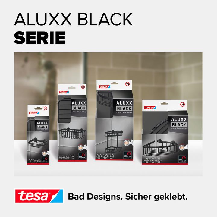 Produktbild tesa ALUXX BLACK Eck-Duschkorb inkl. Klebelösung ohne Bohren (17.5 x 17.5 x 34.5 cm)
