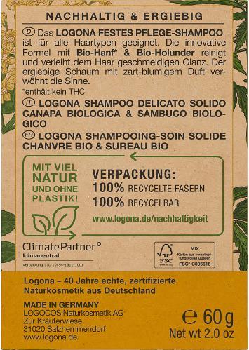 Image du produit Logona Shampooing ferme chanvre biologique et sureau biologique 60 g (Shampoing liquide)