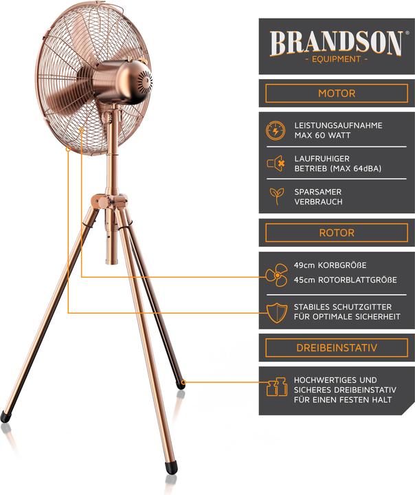 Immagine prodotto Brandson Ventilatore a piantana 49cm Ø, ventilatore 60W, treppiede, alloggiamento in metallo, ventilatore a (64 dB)