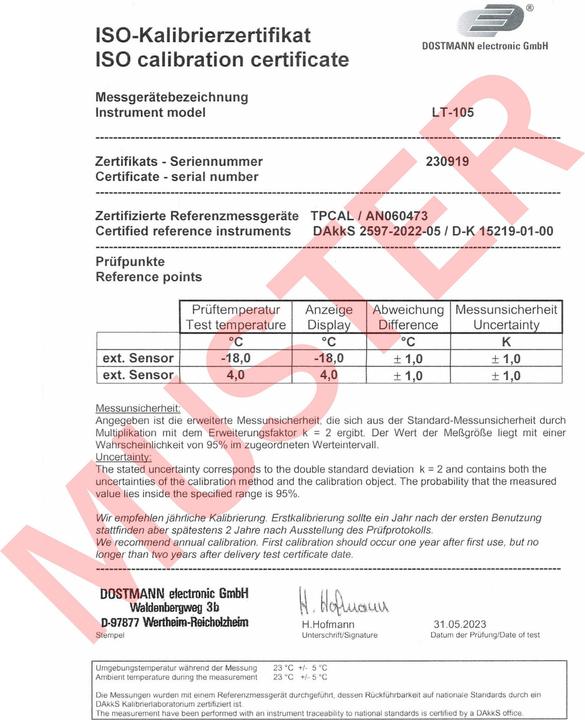 Nährwerte und Zutaten TFA 31.1049.02.K Profi-Digitalthermometer LT-105 Laborthermometer Kalibrierzertifikat (Thermometer)