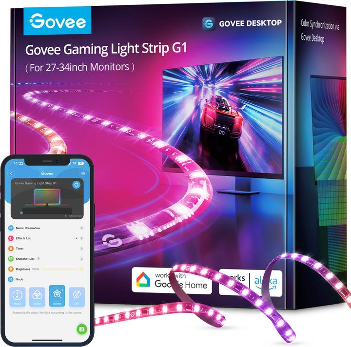 Govee LED Stripe Gaming G1, Wi-Fi + Bluetooth, RGBIC, 24-26 (RGBW, 200 cm, Intérieur)