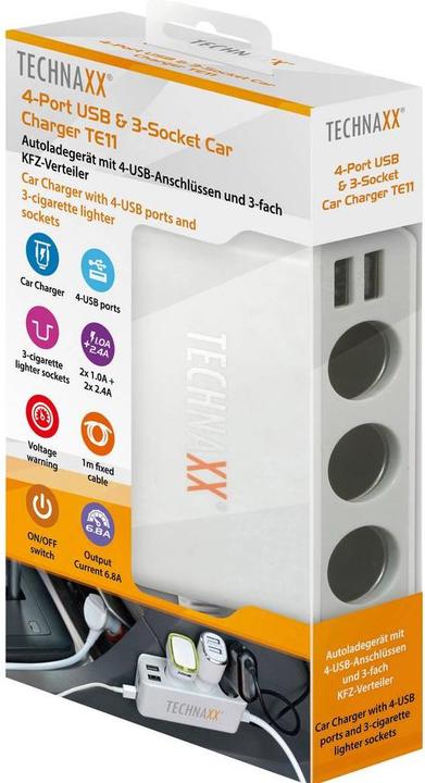 Image du produit Technaxx Chargeur de voiture 4 connexions USB et distributeur 3 voies