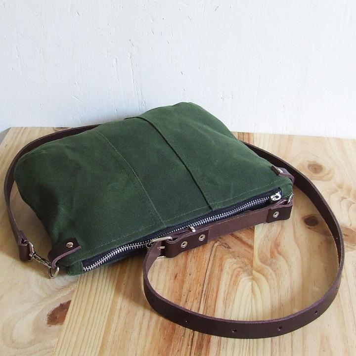 Actual product image Only-Bags.Store Small green waxed canvas cross-body bag with zip and leather strap