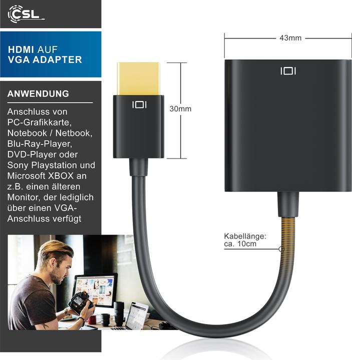 Image du produit CSL Adaptateur HDMI vers VGA, jack 3,5mm audio & vidéo, 10 cm, câble convertisseur 1080p, numérique (VGA, 20 cm)