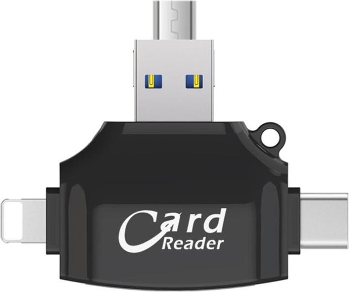 Produktbild Apfelkiste 4in1 Mini-Kartenleser für SD/MicroSD – Lightning, USB C & Micro USB (Schwarz)