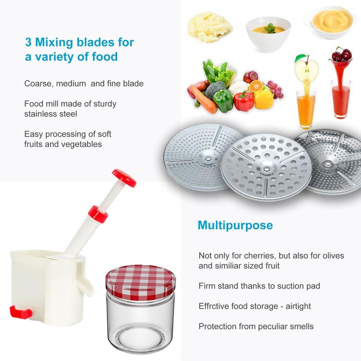 Actual product image Intirilife Preserving set: Stainless steel strainer with 3 sieve inserts & 25 preserving jars & cherry pitter