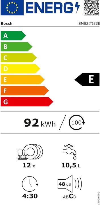 Energie-Label Bosch Hausgeräte SMS2ITI33E - Serie 2 - Vrijstaande vaatwasser